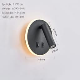 Modern Minimalist Led Wall Lamp USB Charging Indoor Bedroom Lamp Hotel Bedside Reading Lamp Wall Lights Sconce Switch AC 90~240V