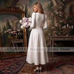 Customized Elegant Boho Square Neck Short Wedding Dress for Bride Puff Sleeves A-line Tea Length Bride Gown Vestidos De Novia