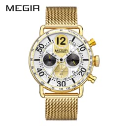 MEGIR Waterproof Quartz Watch with Blue Dial Chronograph Stainless Steel Mesh Strap Date Multifunctional Sports Wristwatch Brig