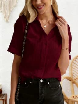 Summer New Arrivals for Ladies - Casual Button-Front Short-Sleeved Shirt with Notched Collar and Frilled Cuffs, V-Neck Design.
