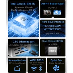 ERVPES M1 NEW Mini PC Intel I5-8257U Windows 11 Pro 4-Core 8-thread 8GB + 256GB / 16GB + 512GB WiFi 6 Mini Computer PC
