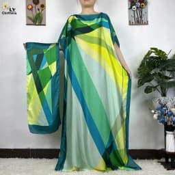 2023 New African Fashion Short Sleeve Colored Pattern Dubai Women Summer Real Silk Soft Printing Loose Tradition Muslim Dress