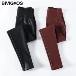 BIVIGAOS Fall Winter Wine Red Matte PU Leather Leggings Women High Waist Slim Elastic Fleece Warm Sexy Leather Pants