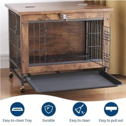 Dog Crate Furniture with Wheels, Side End Table, Dog Cage with 2 Doors & Tray, Lockable Pet Crate for Small/Medium Dogs