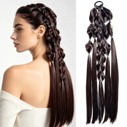Synthetic 24-inch bubble lantern braided ponytail hair extension light golden Ombre with silver glitter wire women's daily