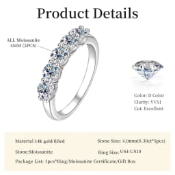 Lnngy Certified Five Stone 4mm Moissanite Ring 14K Gold Filled Half Eternity Anniversary Rings For Women Party Jewelry Gift