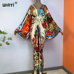 2023 WINYI Sexy Beach High-Quality Silk Feel Fashion Print Maxi Women's Robes Long V-Neck Bohemian Dress Party Evening Dress