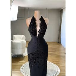 Customized Black Lace فساتين سهرة Sequins Evening Dresses Sleeveless Floor-Length Vestidos De Noiva Halter Neck Mermaid Gowns