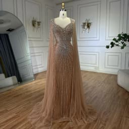 Serene Hill 2025 Customized Nude Cape Sleeves Beaded Saudi Arabic Evening Dresses Gowns for Formal Occasion LA72575A