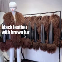 YOLOAgain Real Mongolia Sheep Fur Collar Real Leather Jacket Coat Women