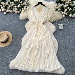 Elegant Criss-Cross chiffon short sleeve Vintage Chic Slim Ball Gown Dresses French Evening High Street Clothing