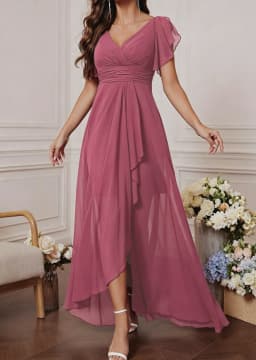 Chiffon Dress with V-Neck, Lotus Leaf Sleeves, High Waist, Pleated, Flowing Skirt, Bridesmaid Dress, French-Style Long Evening Gown