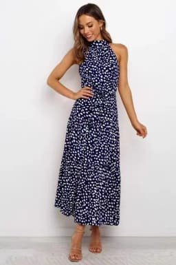 Women's Halter Neck Maxi Dress - Floral Print Boho Chic Smocked Waist Summer Beach Dress for Vacation Casual Wear