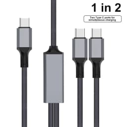 2 in 1 USB C to Dual Type C PD Fast Charging Data Cable,Multi Functional Braided Cord for iPhone 17/17Pro/16 Max Series,Samsung