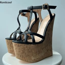 Ronticool Handmade Women T-strap Sandals Ultra High Wedges Heels Round Toe Classics Black Dress Shoes Ladies US Plus Size 5-15