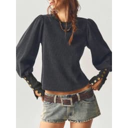 Women Autumn Winter Waffle Knit Sweatshirt Solid Long Sleeve Button Cuff Cropped Top Vintage Loose Casual Warm Pullover Blouse