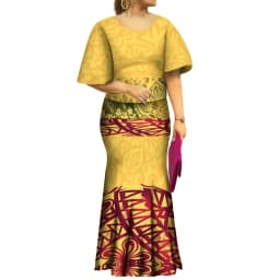 2022 New Samoan Puletasi Set Monstera Leaf Print Bat Sleeve Ptaha Blue Polynesian Top Maxi Fishtail Skirt Womens 2 Piece Set