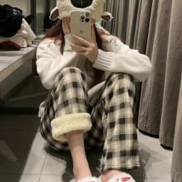 plus Size Plaid Pants Women's High Waist Straight Leg Fce Lined Casual Home Wear Polyester Fiber Elastic Band China Made