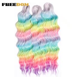 FREEDOM Synthetic Braiding Hair Extensions Deep Wavy 24 inch Long Curly Braids Hair Ombre Brown Rainbow Twist Crochet Hair