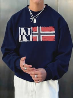 N Artistic Characters And Flag Print Pullover Men Autumn Loose Hoody Casual Fleece Soft Sweatshirt All-Match O-Neck Long Sleeve