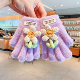 Kids Lace Bow Plush Full Finger Gloves For Girls Cute Flower Bud Decor Girls Winter Warm Windproof Faux Mink Fur Kawaii Gloves