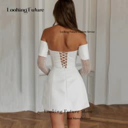 Simple A-Line Mini Wedding Dresses Elegant Long Sleeves Pleat Pearls Strapless Sexy Backless with Lace Up Short Gowns Customized