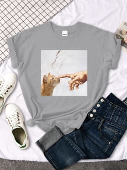 T Shirt Funny Cute Cat And Manpower Printed Womens T-Shirt Kawaii Fashion Woman Clothes Oversized Harajuku Tshirt For Women's