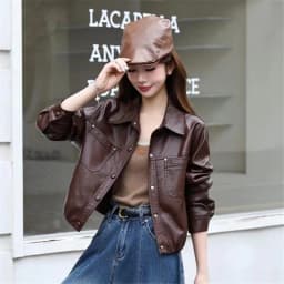 Black Short Faux PU Leather Jacket Big Pocket Lapel Single-Breasted Long Sleeve Autumn New Women Imitation Leather Biker Jacket