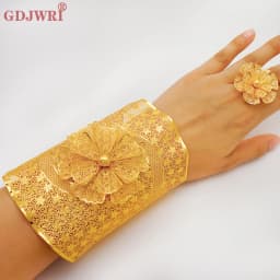 France Luxury Chain Cuff Bangle & Ring For Women Dubai Gold Color Indian Moroccan Big Bracelet Jewelry Arabic African Wedding