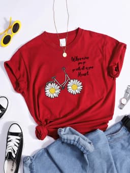 Women's Tshirt Daisy Bike Personalized Text T-Shirts Crewneck Vintage Short Sleeve Tops Korean Style Solid Color Women Tshirt