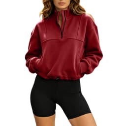 Women Half Zip Cropped Sweatshirt Stand Collar Long Sleeve Drawstring Hem Pullover With Pockets Loose Casual Y2k Cropped Hoodies
