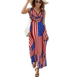 American Flag Dress Patriotic Flag Star Design Boho Beach Long Dresses V Neck Print Maxi Dress Korean Fashion Clothes Oversize