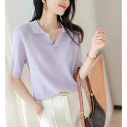 ice silk short sleeve knit cotton thread half sleeve POLO collar loose T-shirt women's summer wear thin temperament slimming top