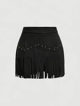 Women's Solid Color Suede Fringe Mini Skirt High Waist Studded Tassel Short Skirt Retro Casual Skirt For Daily Wear & Dating