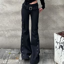 Retro New Pure Black Rivet Design Belt Decorative Slim Pants for Women Y2K Harajuku Goth Low-Waisted Flared Pants