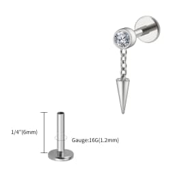 Right Grand ASTM F136 Titanium Bezel CZ Dangle Cone Labret Cartilage Earring Conch Helix Stud Tragus Spike Chain Drop Earring