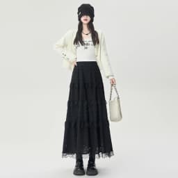 Gentle Wind High Waist A-Line Lace Splicing Long Skirt Women's Fairy Tale Cake Skirt Mid-Length Midi Skirt for Autumn Winter