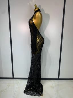 Women Luxury Black Pearls Lace Backless See Through Long Dress With Gloves Evening Club Party Celebrity Elegant Stage Costume