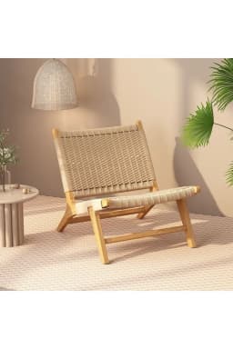 Rope Woven Solid Wood Lounge Chair, Nordic Balcony Leisure Chair, Wabi-Sabi Lazy Armchair for Small Spaces and Bedroom Decor