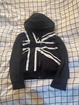 Y2K Cropped Zip Up Hoodie British Flag Raw Edge Patchwork Hooded Jacket Streetwear Gothic Grunge Loose Short Sweatshirt Coat