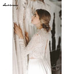 Boho Simple High Neck Sexy Backless Button Lace Short Top Jumpsuit Wedding Dresses Chiffon Customized Full Cap Sleeve Vestidos