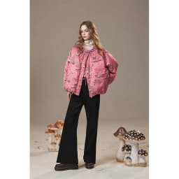 ELFSACK Women's Pink Panda Puffer Jacket with Drawstring, Warm Quilted Winter Coat, Cute Floral Print, Casual Street Style