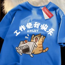 Work Makes Me Happy Fun Cat Japanese Style T-Shirts Men Women Fashion Breathable Tshirt Loose Shirts Tee Clothes Cotton Tops