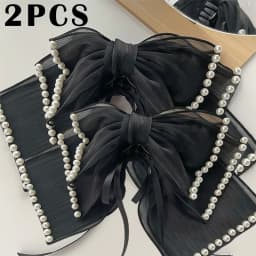 Women's Hair Accessory Beaded Ribbon Bow Shark Clip for Ponytail
