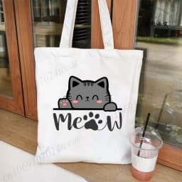 Cartoon Cat Printed Women's Canvas Single Shoulder Handbag Cartoon Animal Commuter Shopping Bag Reusable Handbag