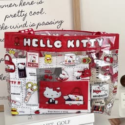 Retro Red Checkered Hello Kitty Transparent Handbag Cartoon Print PVC Waterproof Mommy Bag Swimming Storage Tote Bag