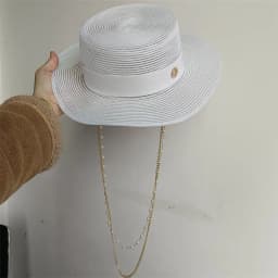 Cherry powder 2026 straw hat pearl chain DIY flat top sun hat new Korean elastic ribbon hat beach hat candy color sun hat