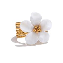 Yhpup Thicker Natural Shell Flower Open Gold Color Ring Fashion Stainless Steel Stylish Exquisite Waterproof Finger Jewelry