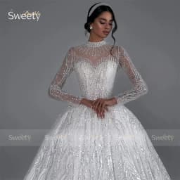 Fully Beaded Wedding Dress Beading With Ball Gown Glitter High-Neck Full Sleeve Customized Bride Dress Button Vestido De Novia