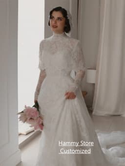 Saudi Arabian Pearls Lace Wedding Dress Customized High Neck Full Sleeves Court Train A Line vestidos de novia Bridal Gown